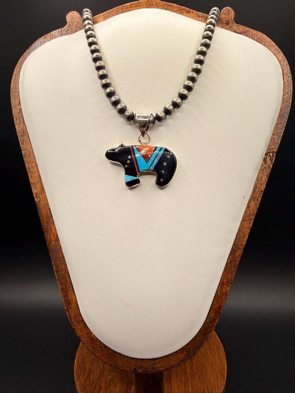Native American Zuni Sterling Silver Inlay Bear Pendant 1.25”
